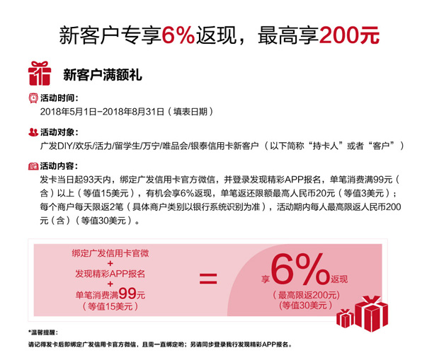 广发信用卡新客户专享6%返现，最高可享200元